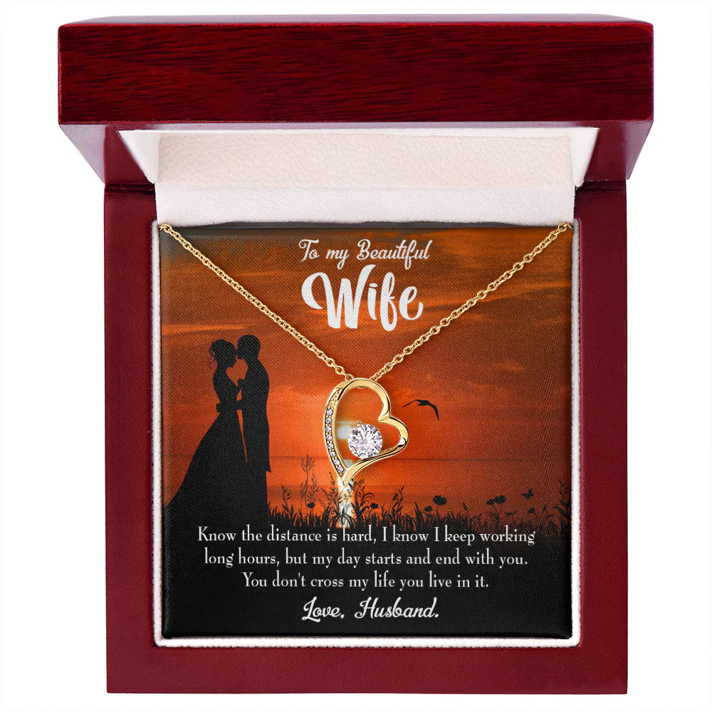 Wife Distance Love Forever Love CZ Heart Necklace Yellow Gold Luxury Box